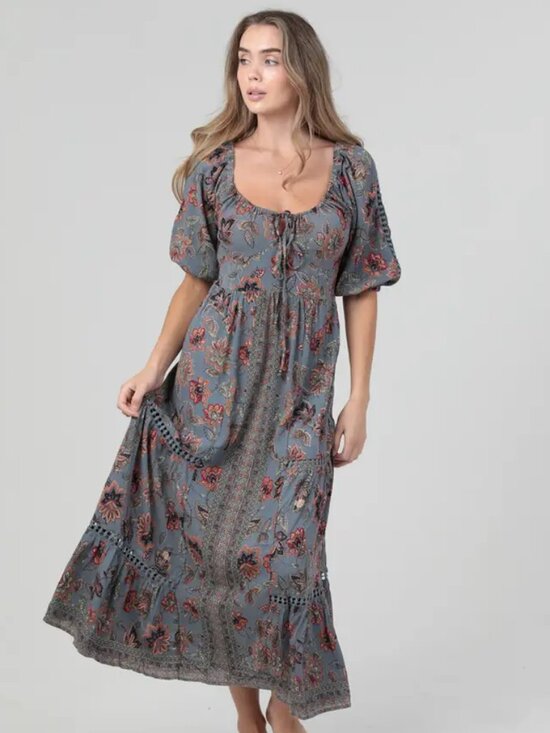 Angie Dresses & Skirts - Milkmaid Renaissance Puff Sleeve Floral Tiered Maxi Dress Cottagecore Fairy Boho